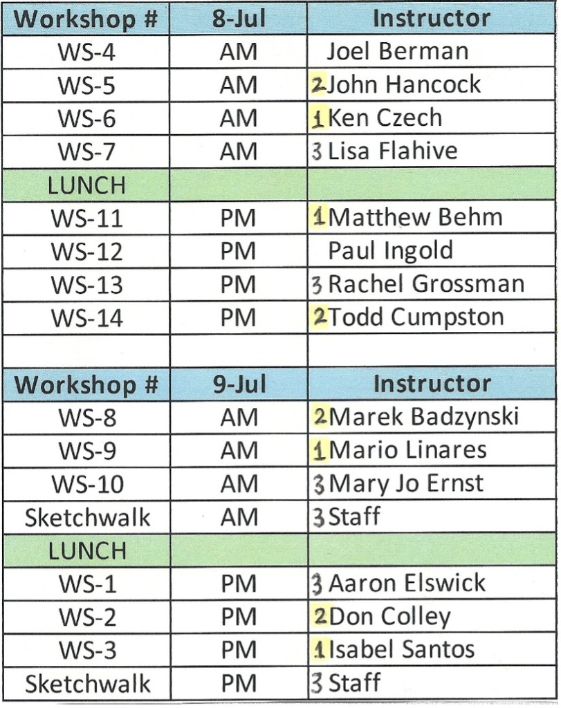 Image of the sketch seminar schedule in a spreadsheet format.